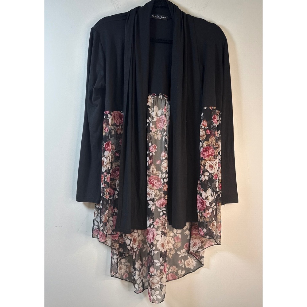 Kim & Cami Cardigan Black Floral Mesh High Low Open Front Women Medium